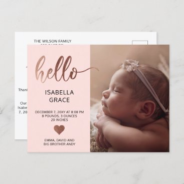 Cute Pink Hello Photo Baby Announcement