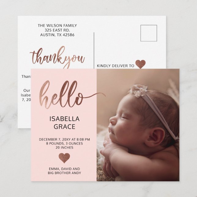 Cute Pink Hello Photo Baby Announcement (Front/Back)