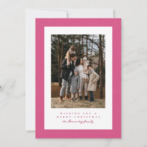 Cute pink herringbone frame Christmas photo Holiday Card