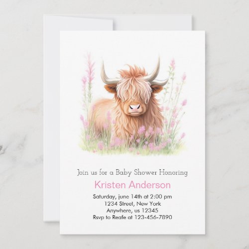 Cute Pink Highland Cow Wildflower Girl Baby Shower Invitation