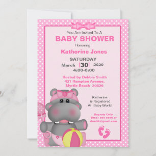 Cute Pink Hippo Baby Shower Invitation