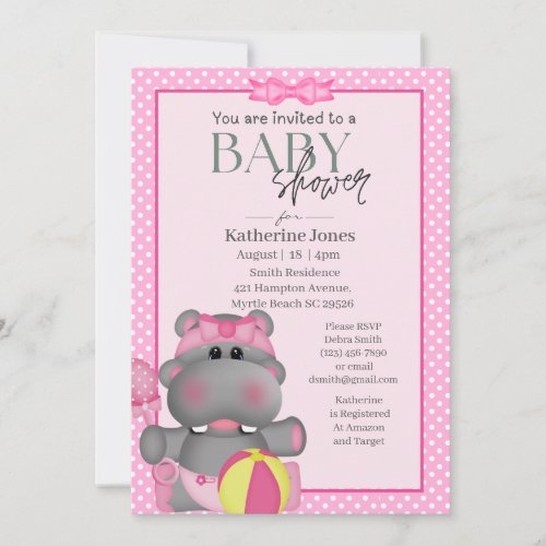 Cute Pink Hippo Baby Shower  Invitation