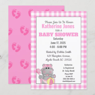 Cute Pink Hippo Baby Shower Invitation