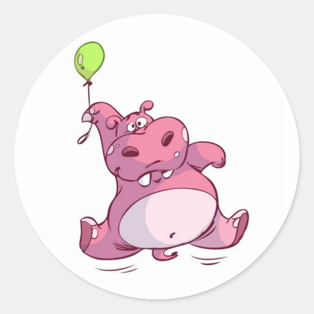 CUTE PINK HIPPO ON BALLOON CLASSIC ROUND STICKER (Front)
