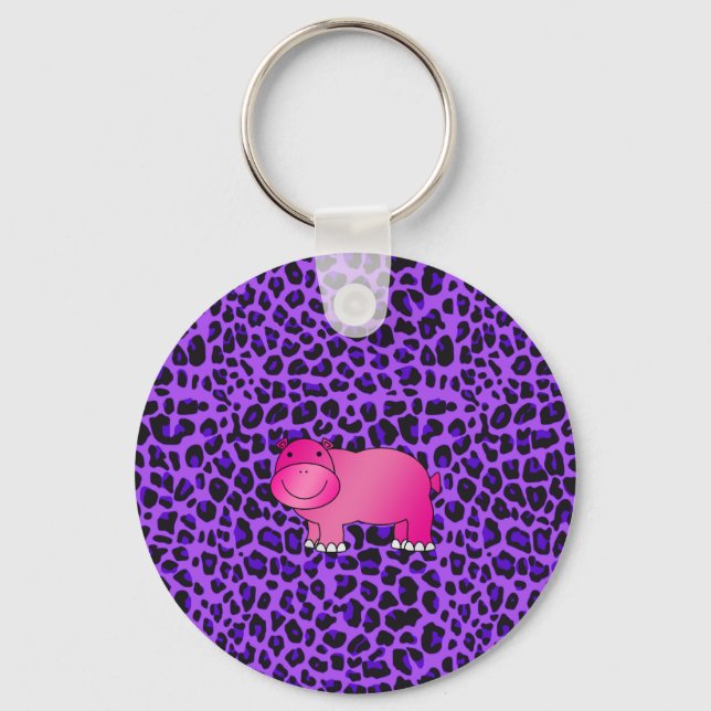 Cute pink hippo purple leopard pattern keychain (Front)