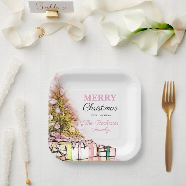 Cute Pink Holiday Tree Merry Christmas Party Paper Plates (Wedding)