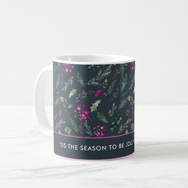 Cute pink Holly Christmas Mug  (Front Left)