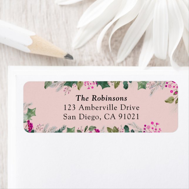 Cute Pink Holly Holiday Address Label (Insitu)