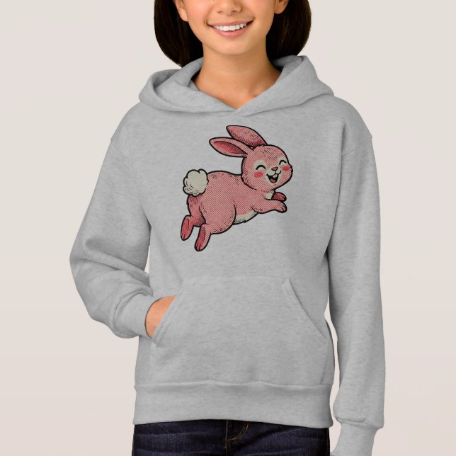 Cute Pink Hopping Bunny Rabbit Kids Hoodie (Front)