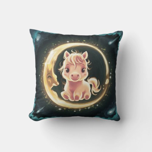 Cute Pink Horse inside a Crescent Moon Throw Pillow