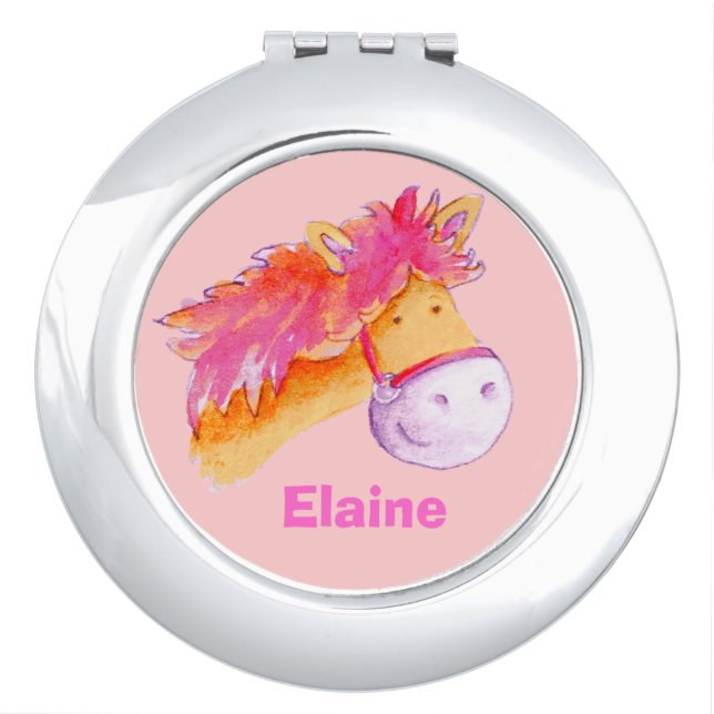 Cute pink horse / pony art painting mirror compact (Front)