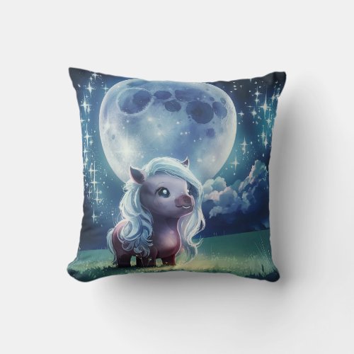 Cute Pink Horse with Blue Hair under Full Moon Throw Pillow
