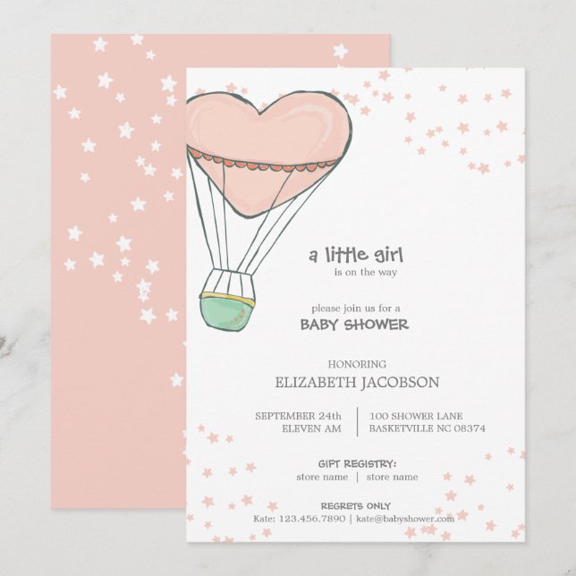 Cute Pink Hot Air Balloon Baby Shower Invitation (Front/Back)