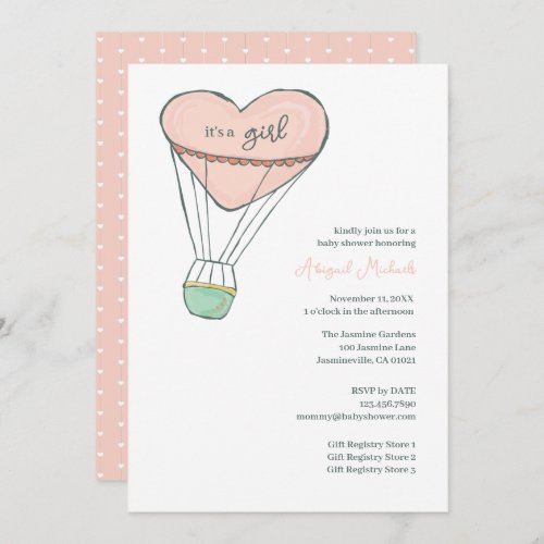 Cute Pink Hot Air Balloon Its A Girl Baby Shower Invitation