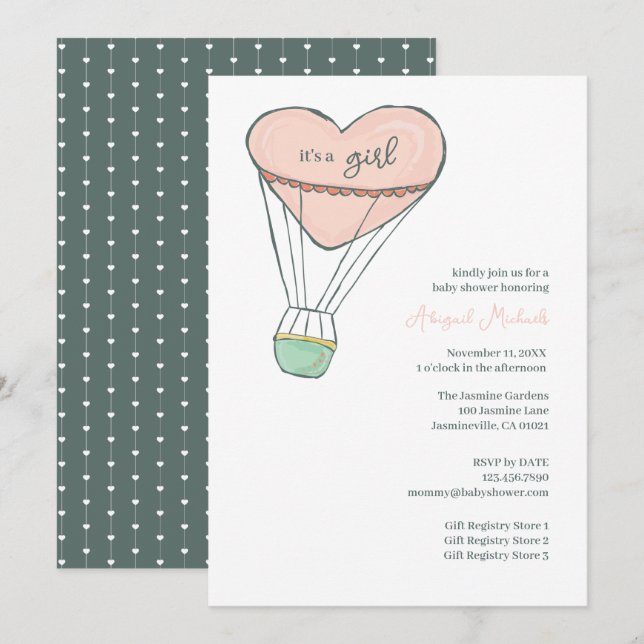 Cute Pink Hot Air Balloon It's A Girl Baby Shower Invitation (Front/Back)