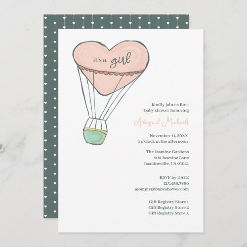 Cute Pink Hot Air Balloon Its A Girl Baby Shower Invitation