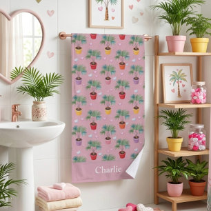 Cute Pink Houseplant Palm Tree Beach Towel