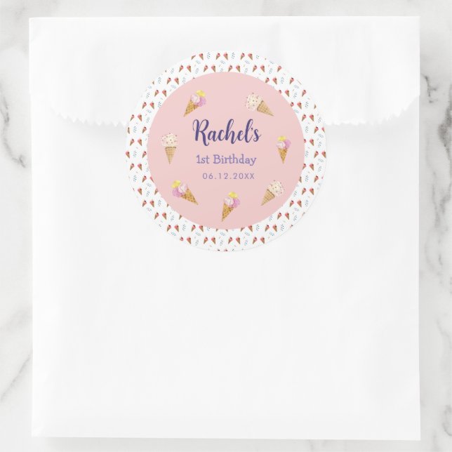 Cute Pink Ice cream Cone Girl Birthday Classic Round Sticker (Bag)
