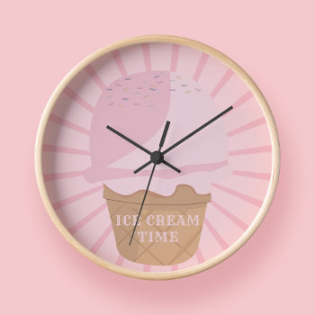Cute Pink Ice Cream Cone With Sprinkles Wall Clock by watermelontree at Zazzle