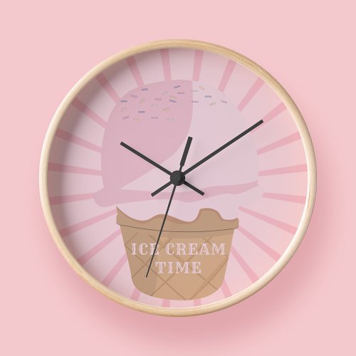 Cute Pink Ice Cream Cone with Sprinkles Wall Clock