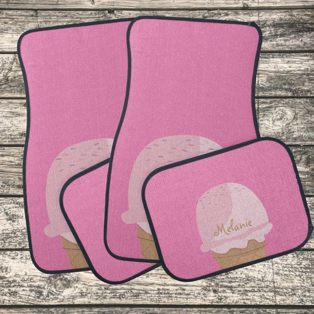 Cute Pink Ice Cream Girl Name Car Floor Mats (A fun pink ice cream theme car mat set with space for your name!)