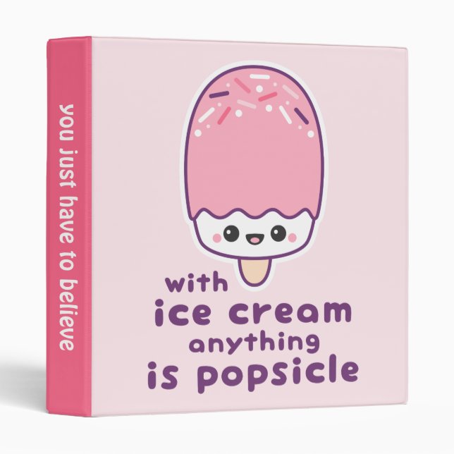 Cute Pink Ice Cream Popsicle 3 Ring Binder (Front/Spine)