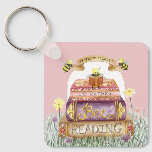 Cute Pink Id Rather Bee Reading Book Lover  Keychain