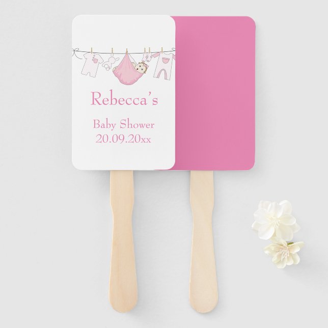 Cute Pink illustrated Clothesline Baby Shower  Hand Fan (Front and Back)