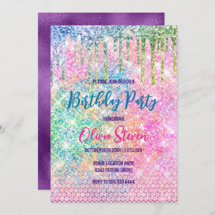Cute pink iridescent unicorn faux glitter monogram invitation