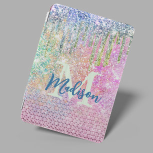 Cute pink iridescent unicorn faux glitter monogram iPad mini cover