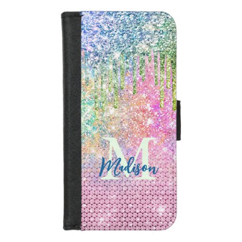 Cute pink iridescent unicorn faux glitter monogram iPhone 87 wallet case