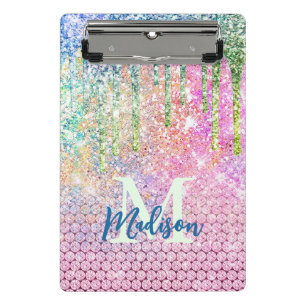 Cute pink iridescent unicorn faux glitter monogram mini clipboard
