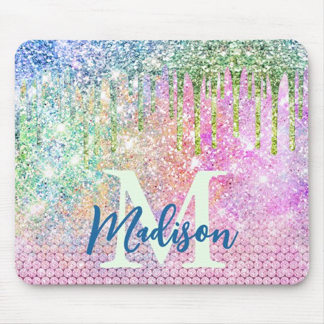 Cute pink iridescent unicorn faux glitter monogram mouse pad (Front)