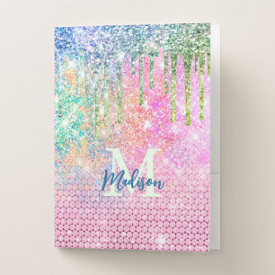 Cute pink iridescent unicorn faux glitter monogram pocket folder
