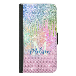Cute pink iridescent unicorn faux glitter monogram samsung galaxy s5 wallet case