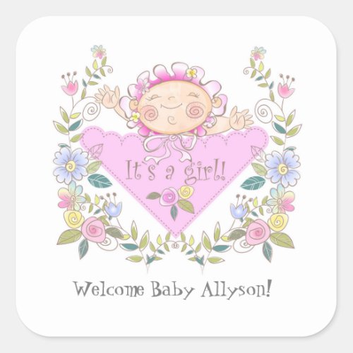 Cute Pink Its A Girl Baby Shower Favors Square Sticker