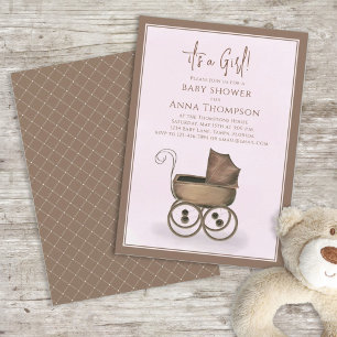 Cute Pink It's A Girl Vintage Baby Carriage Invitation