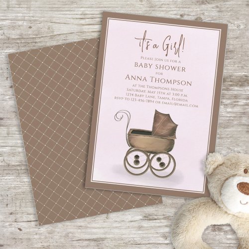 Cute Pink Its A Girl Vintage Baby Carriage Invitation