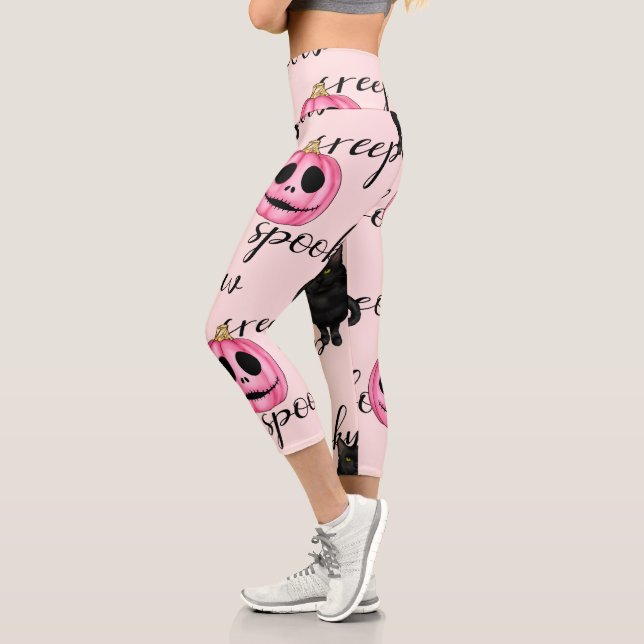 Cute Pink Jack-o'-Lantern and Black Cat Pattern Capri Leggings (Left)