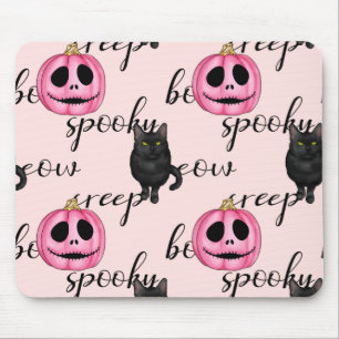 Cute Pink Jack-o'-Lantern and Black Cat Pattern Mouse Pad
