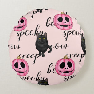 Cute Pink Jack-o'-Lantern and Black Cat Pattern Round Pillow