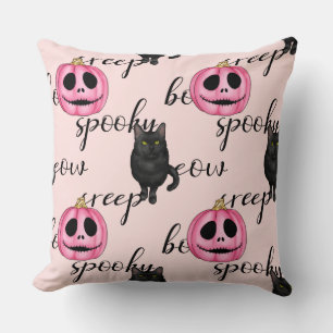 Cute Pink Jack-o'-Lantern and Black Cat Pattern Throw Pillow