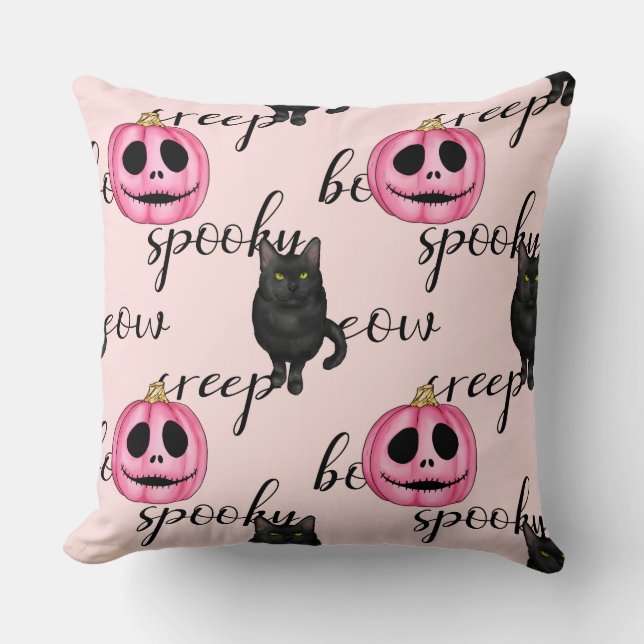 Cute Pink Jack-o'-Lantern and Black Cat Pattern Throw Pillow (Front)