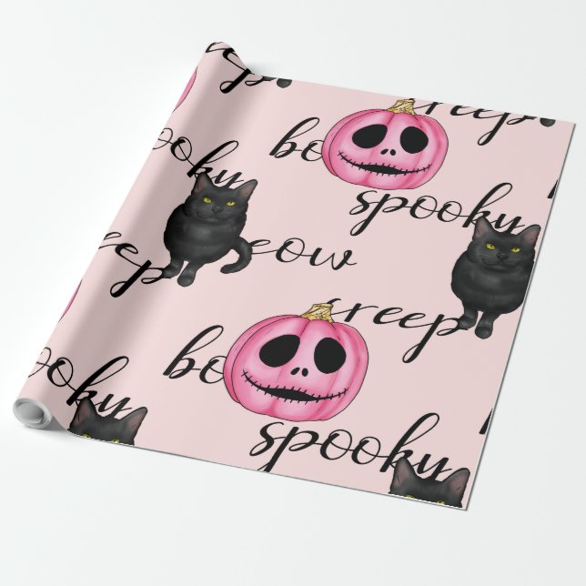 Cute Pink Jack-o'-Lantern and Black Cat Pattern Wrapping Paper (Unrolled)