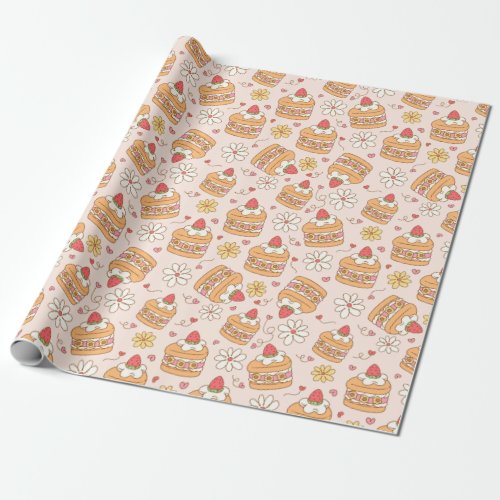 Cute Pink Japanese Strawberry Cake Pattern Wrapping Paper