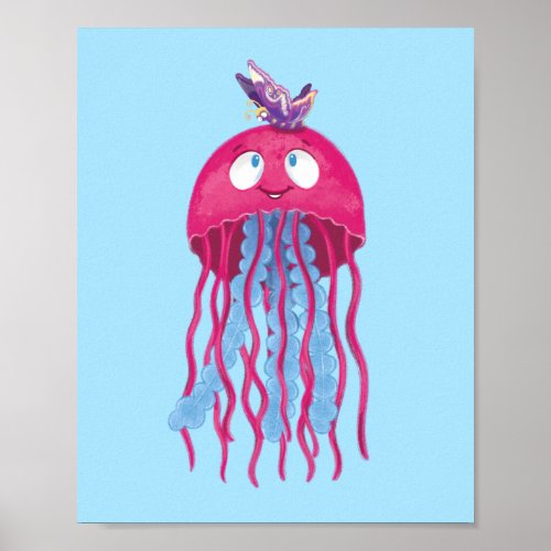 Cute Pink Jellyfish Cartoon Character Graphic Poster