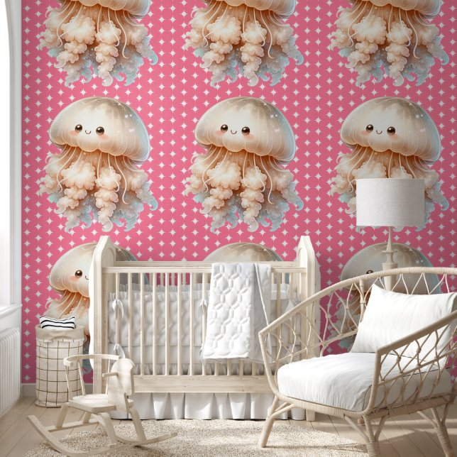 Cute Pink Jellyfish Pattern Kids Nursery Room Wallpaper (Kids)