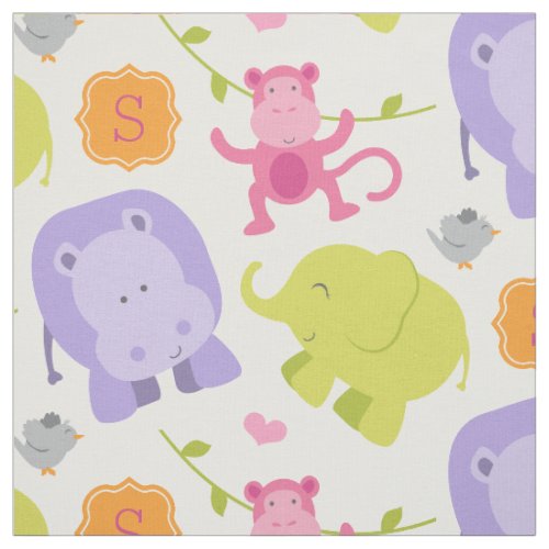Cute Pink Jungle Animals Baby Girl Custom Monogram Fabric