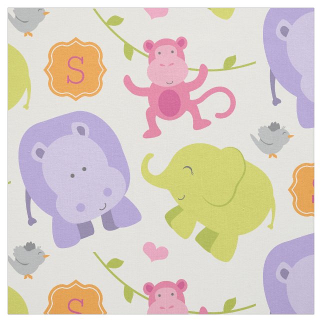 Cute Pink Jungle Animals Baby Girl Fabric (Swatch)