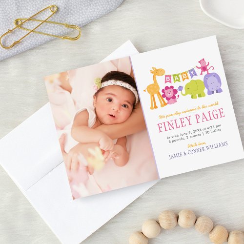 Cute Pink Jungle Animals Baby Girl Photo Birth Announcement